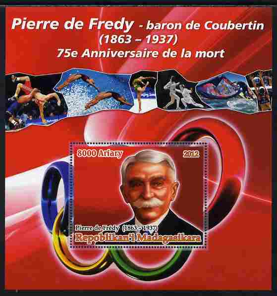 Madagascar 2012 75th Death Anniversary of Pierre de Coubertin large perf s/sheet unmounted mint, stamps on personalities, stamps on olympics, stamps on wrestling, stamps on gymnastics, stamps on swimming, stamps on fencing, stamps on volley ball