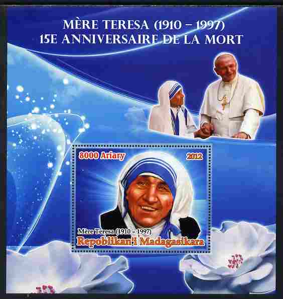 Madagascar 2012 15th Death Anniversary of Mother Teresa large perf s/sheet unmounted mint, stamps on personalities, stamps on women, stamps on human rights, stamps on peace, stamps on nobel, stamps on teresa, stamps on pope, stamps on popes