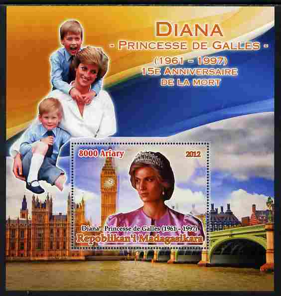 Madagascar 2012 15th Death Anniversary of Princess Diana large perf s/sheet unmounted mint, stamps on personalities, stamps on diana, stamps on royalty, stamps on women, stamps on william, stamps on harry, stamps on london