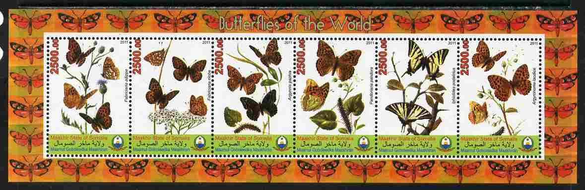 Maakhir State of Somalia 2011 Butterflies of the World #1 perf sheetlet containing 6 values unmounted mint. Note this item is privately produced and is offered purely on ..., stamps on butterflies