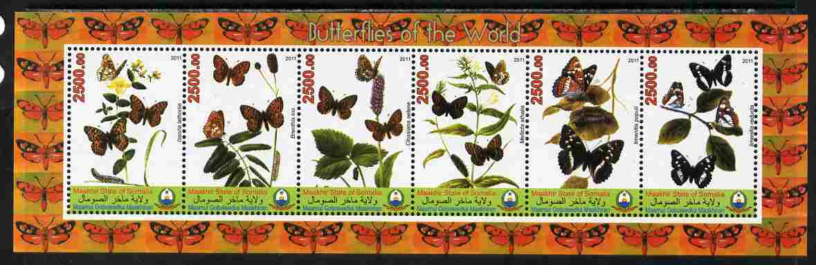 Maakhir State of Somalia 2011 Butterflies of the World #2 perf sheetlet containing 6 values unmounted mint. Note this item is privately produced and is offered purely on ..., stamps on butterflies
