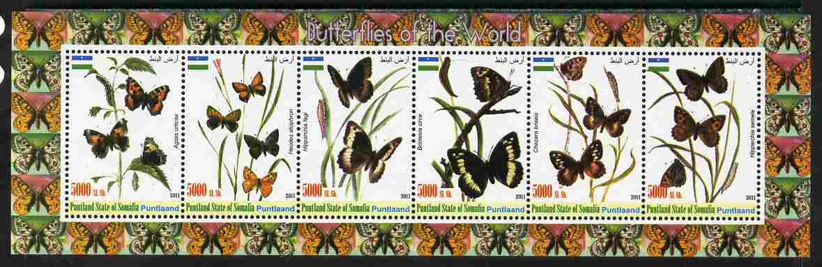 Puntland State of Somalia 2011 Butterflies of the World #2 perf sheetlet containing 6 values unmounted mint, stamps on butterflies