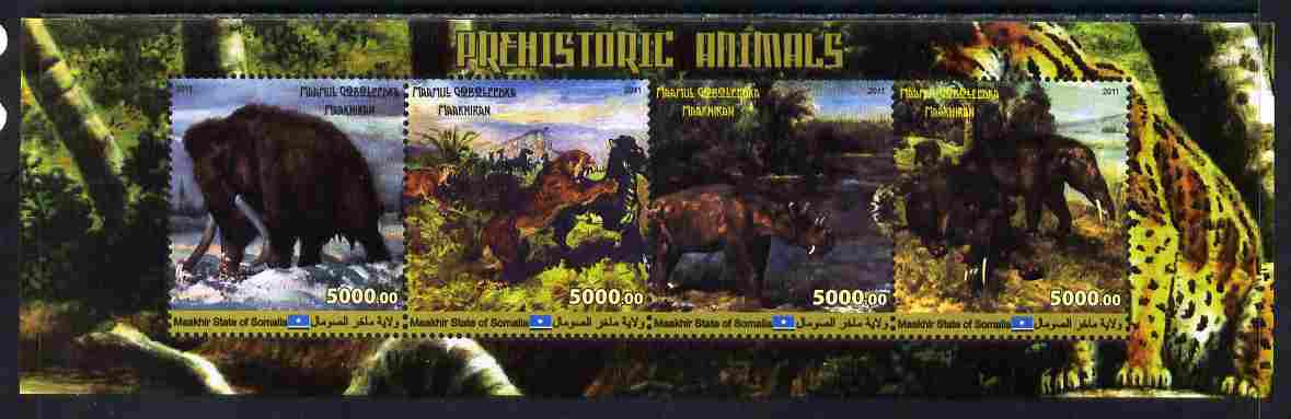 Maakhir State of Somalia 2011 Prehistoric Animals #1 perf sheetlet containing 4 values unmounted mint. Note this item is privately produced and is offered purely on its t..., stamps on dinosaurs