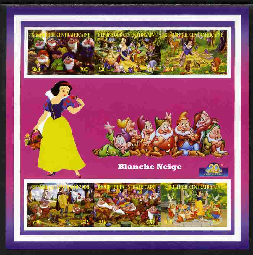 Central African Republic 2012 Snow White - 20th Anniversary of Disneyland Paris imperf sheetlet containing 6 values unmounted mint. Note this item is privately produced and is offered purely on its thematic appeal, it has no postal validity, stamps on disney