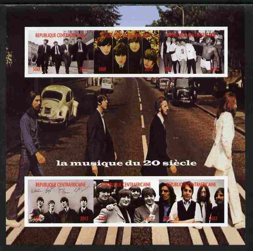 Central African Republic 2012 Music of the 20th Century - The Beatles imperf sheetlet containing 6 values unmounted mint. Note this item is privately produced and is offe..., stamps on personalities, stamps on beatles, stamps on pops, stamps on music, stamps on rock, stamps on boxing