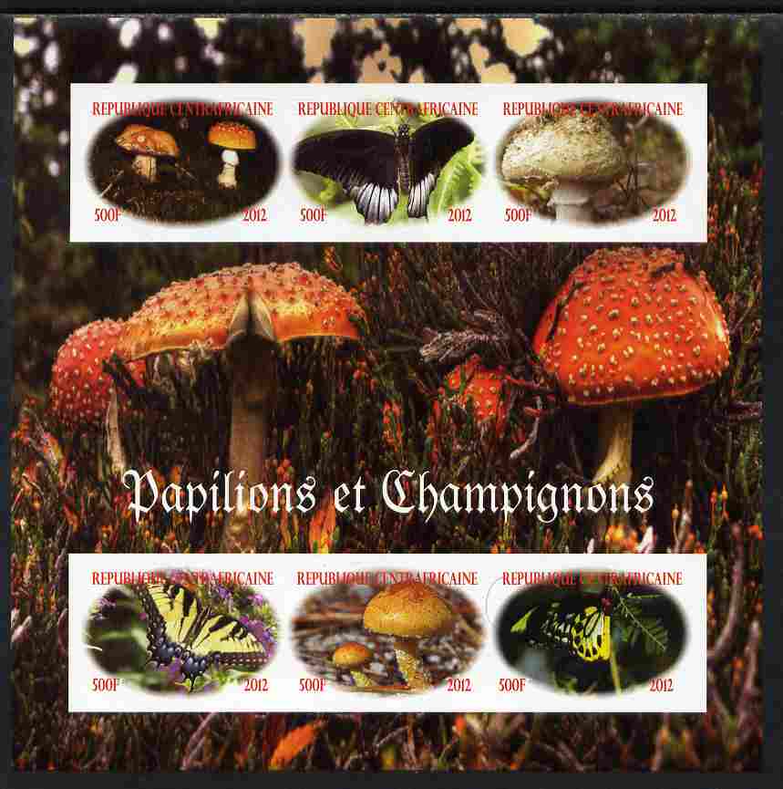 Central African Republic 2012 Mushrooms & Butterflies imperf sheetlet containing 6 values unmounted mint. Note this item is privately produced and is offered purely on it..., stamps on fungi, stamps on butterflies