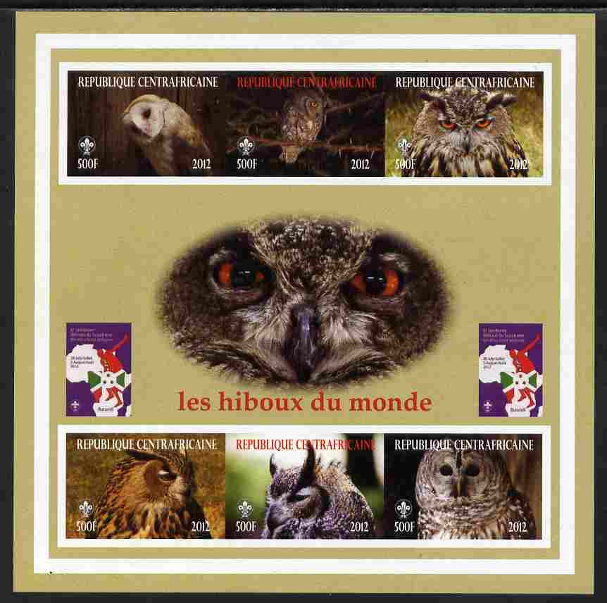 Central African Republic 2012 Owls of the World with Scouts Logo imperf sheetlet containing 6 values unmounted mint. Note this item is privately produced and is offered purely on its thematic appeal, it has no postal validity, stamps on birds, stamps on birds of prey, stamps on owls, stamps on scouts