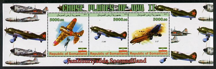 Somaliland 2011 Chase Planes of WW2 #01 perf sheetlet containing 3 values unmounted mint, stamps on aviation, stamps on  ww2 , stamps on 