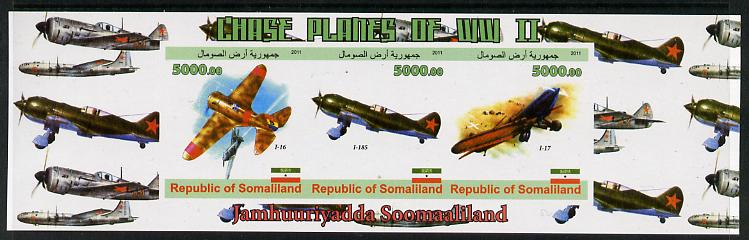 Somaliland 2011 Chase Planes of WW2 #01 imperf sheetlet containing 3 values unmounted mint, stamps on , stamps on  stamps on aviation, stamps on  stamps on  ww2 , stamps on  stamps on 