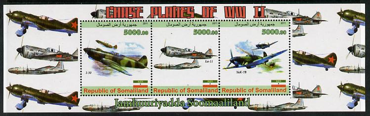 Somaliland 2011 Chase Planes of WW2 #02 perf sheetlet containing 3 values unmounted mint, stamps on aviation, stamps on  ww2 , stamps on 
