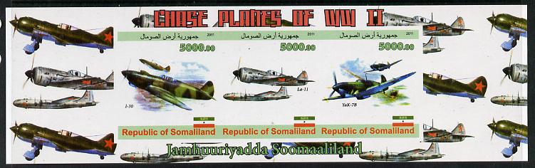 Somaliland 2011 Chase Planes of WW2 #02 imperf sheetlet containing 3 values unmounted mint, stamps on aviation, stamps on  ww2 , stamps on 