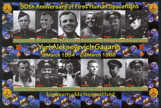 Somaliland 2011 50th Anniversary of First Human Space Flight - Yuri Gagarin perf sheetlet containing 12 values unmounted mint, stamps on space, stamps on personalities