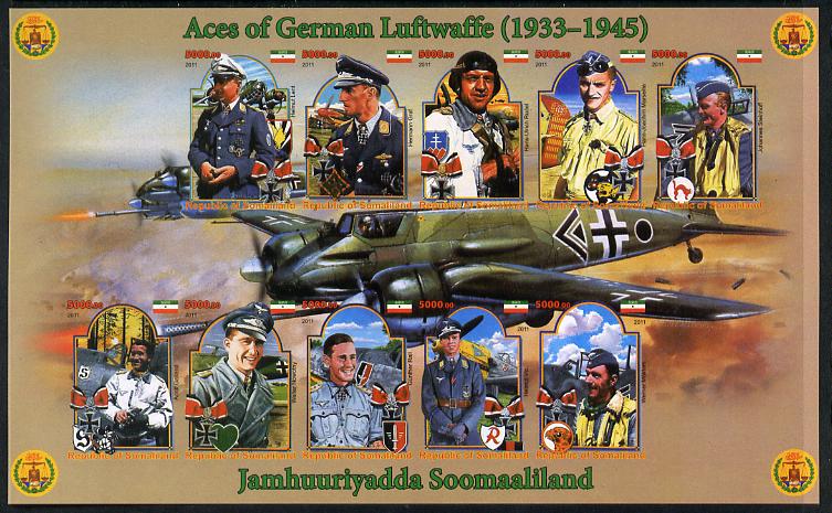 Somaliland 2011 Air Aces of the German Luftwaffe (WW2) imperf sheetlet containing 10 values plus 2 labels unmounted mint, stamps on aviation, stamps on  ww2 , stamps on 
