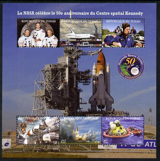 Chad 2012 50th Anniversary of NASA's Kennedy Space Centre perf sheetlet containing 6 values unmounted mint. Note this item is privately produced and is offered purely on its thematic appeal, stamps on space, stamps on kennedy, stamps on rockets, stamps on shuttle, stamps on apollo, stamps on statue of liberty, stamps on americana