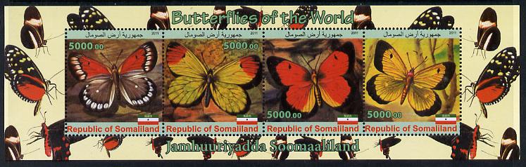Somaliland 2011 Butterflies of the World #1 perf sheetlet containing 4 values unmounted mint, stamps on butterflies
