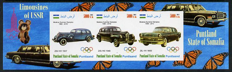 Puntland State of Somalia 2011 Limousines of the USSR #1 imperf sheetlet containing 3 values (Butterflies & Mosco Olympic Logo in margin) unmounted mint, stamps on cars, stamps on butterflies, stamps on olympics