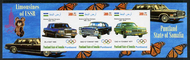 Puntland State of Somalia 2011 Limousines of the USSR #2 imperf sheetlet containing 3 values (Butterflies & Mosco Olympic Logo in margin) unmounted mint, stamps on cars, stamps on butterflies, stamps on olympics