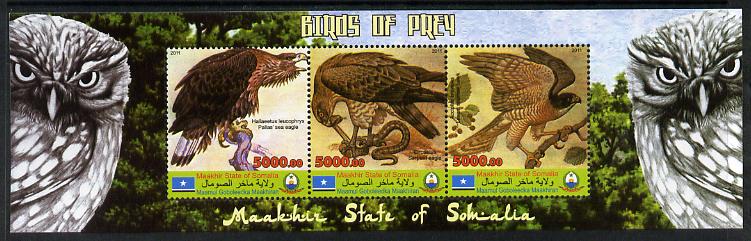 Maakhir State of Somalia 2011 Birds of Prey #2 perf sheetlet containing 3 values unmounted mint, stamps on birds, stamps on birds of prey, stamps on owls