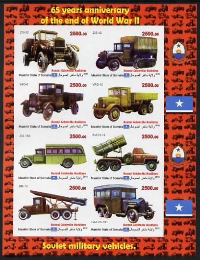 Maakhir State of Somalia 2010  65th Anniversary of the end of World War II #2 - Cars & Trucks imperf sheetlet containing 8 values unmounted mint , stamps on , stamps on  stamps on cars, stamps on  stamps on trucks, stamps on  stamps on  ww2 , stamps on  stamps on transport