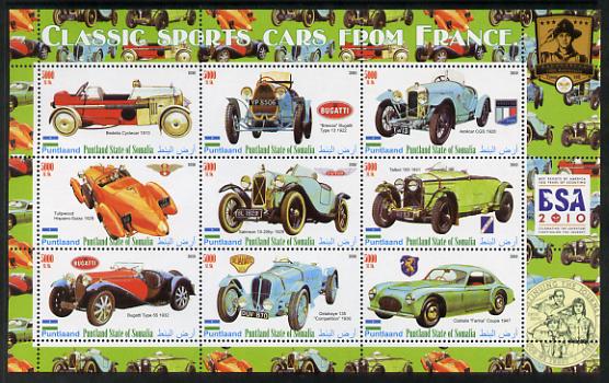 Puntland State of Somalia 2010 Classic Sports Cars of France with Scouts Logos perf sheetlet containing 9 values unmounted mint, stamps on cars, stamps on scouts, stamps on bugatti, stamps on talbot, stamps on delahaye, stamps on 