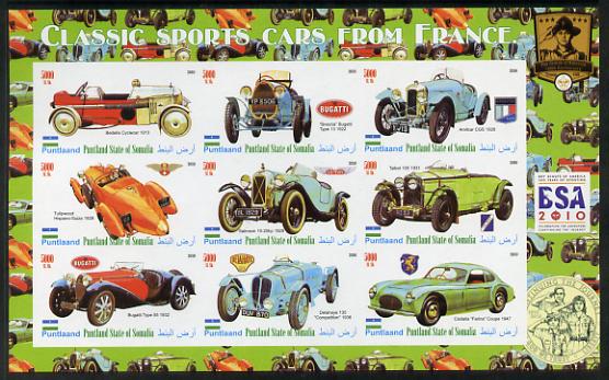 Puntland State of Somalia 2010 Classic Sports Cars of France with Scouts Logos imperf sheetlet containing 9 values unmounted mint, stamps on cars, stamps on scouts, stamps on bugatti, stamps on talbot, stamps on delahaye, stamps on 