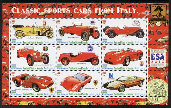 Puntland State of Somalia 2010 Classic Sports Cars of Italy with Scouts Logos perf sheetlet containing 9 values unmounted mint, stamps on cars, stamps on scouts, stamps on lancia, stamps on fiat, stamps on alfa romeo, stamps on maserati, stamps on ferrari, stamps on de tomaso, stamps on 