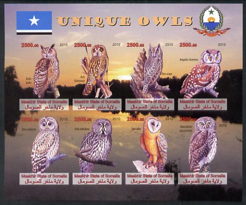 Maakhir State of Somalia 2010 Unique Owls imperf sheetlet containing 8 values unmounted mint , stamps on birds, stamps on birds of prey, stamps on owls