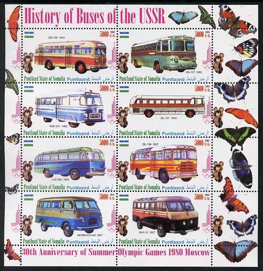 Puntland State of Somalia 2011 Buses of the USSR #2 perf sheetlet containing 8 values (Butterflies & Mosco Olympic Logo in margin) unmounted mint, stamps on , stamps on  stamps on butterflies, stamps on  stamps on olympics, stamps on  stamps on buses, stamps on  stamps on transport
