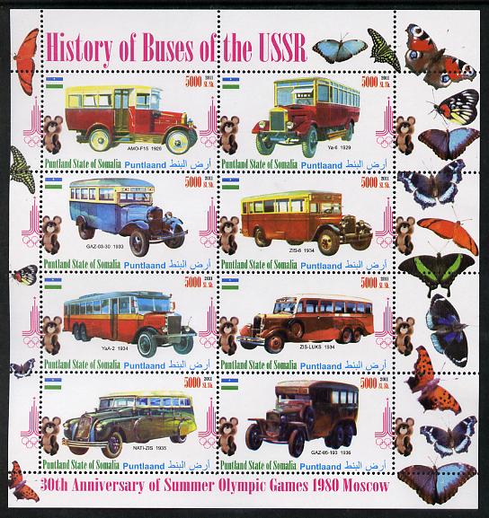 Puntland State of Somalia 2011 Buses of the USSR #3 perf sheetlet containing 8 values (Butterflies & Mosco Olympic Logo in margin) unmounted mint, stamps on butterflies, stamps on olympics, stamps on buses, stamps on transport