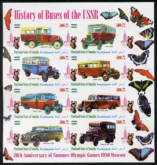 Puntland State of Somalia 2011 Buses of the USSR #3 imperf sheetlet containing 8 values (Butterflies & Mosco Olympic Logo in margin) unmounted mint, stamps on butterflies, stamps on olympics, stamps on buses, stamps on transport