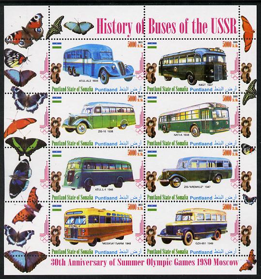 Puntland State of Somalia 2011 Buses of the USSR #4 perf sheetlet containing 8 values (Butterflies & Mosco Olympic Logo in margin) unmounted mint, stamps on butterflies, stamps on olympics, stamps on buses, stamps on transport