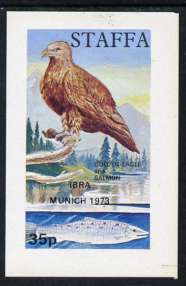 Staffa 1972 Pictorial imperf souvenir sheet (35p value) Golden Eagle & Salmon (optd IBRA Munich 1973) unmounted mint, stamps on birds   marine-life   fish   birds of prey     , stamps on stamp exhibitions