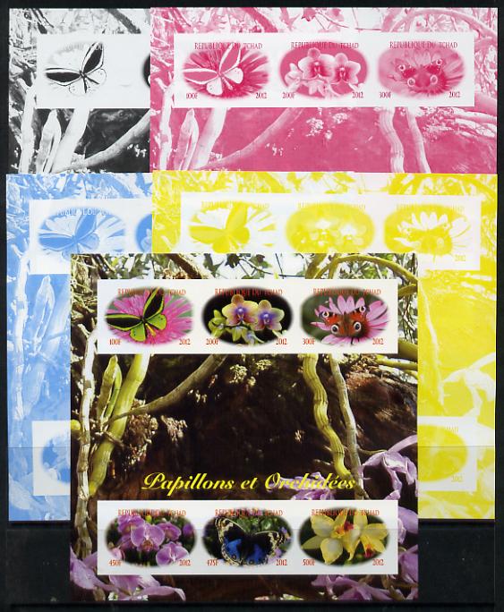 Chad 2012 Orchids & Butterflies sheetlet containing 6 values - the set of 5 imperf progressive proofs comprising the 4 individual colours plus all 4-colour composite, unmounted mint , stamps on flowers, stamps on orchids, stamps on butterflies, stamps on 