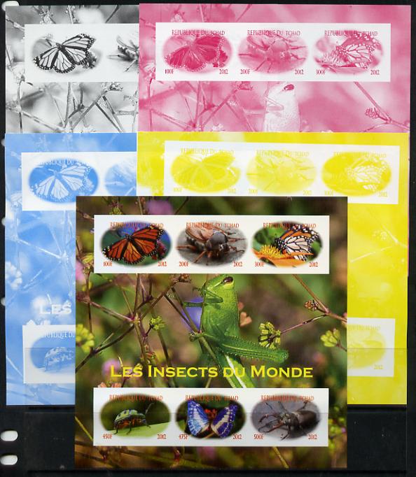 Chad 2012 Insects of the World sheetlet containing 6 values - the set of 5 imperf progressive proofs comprising the 4 individual colours plus all 4-colour composite, unmounted mint , stamps on insects