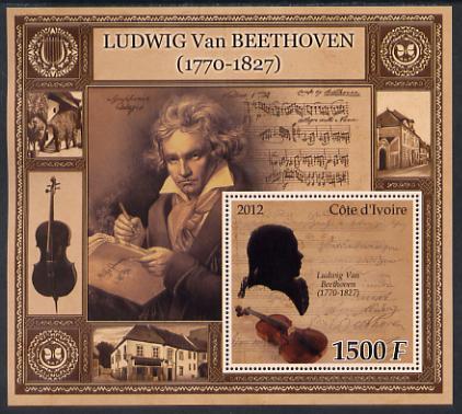 Ivory Coast 2012 Ludwig Van Beethoven large imperf s/sheet unmounted mint, stamps on personalities, stamps on beethoven, stamps on opera, stamps on music, stamps on composers, stamps on deaf, stamps on disabled, stamps on masonry, stamps on masonics