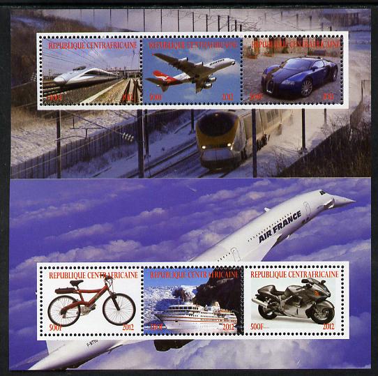 Central African Republic 2012 Transportation perf sheetlet containing 6 values unmounted mint. Note this item is privately produced and is offered purely on its thematic appeal, stamps on transport, stamps on railways, stamps on aviation, stamps on cars, stamps on bicycles, stamps on ships.motorbikes, stamps on concorde
