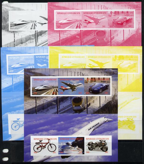 Central African Republic 2012 Transportation sheetlet containing 6 values - the set of 5 imperf progressive proofs comprising the 4 individual colours plus all 4-colour c..., stamps on transport, stamps on railways, stamps on aviation, stamps on cars, stamps on bicycles, stamps on ships.motorbikes, stamps on concorde
