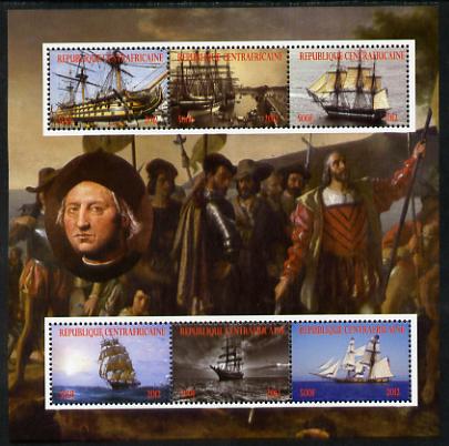 Central African Republic 2012 Christopher Columbus perf sheetlet containing 6 values unmounted mint. Note this item is privately produced and is offered purely on its the..., stamps on personalities, stamps on explorers, stamps on columbus, stamps on ships