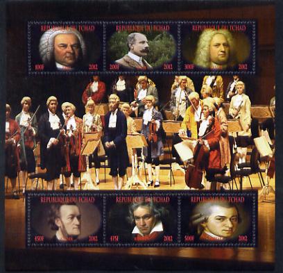 Chad 2012 Classical Composers perf sheetlet containing 6 values unmounted mint. Note this item is privately produced and is offered purely on its thematic appeal. . appeal, stamps on personalities, stamps on bach, stamps on music, stamps on composers, stamps on organ, stamps on beethoven, stamps on opera, stamps on music, stamps on deaf, stamps on disabled, stamps on masonry, stamps on masonics, stamps on mozart, stamps on 
