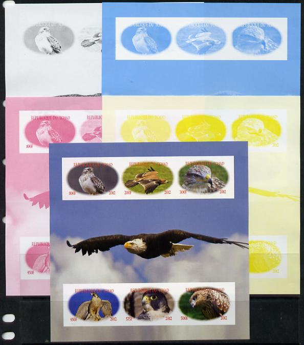 Chad 2012 Birds of Prey sheetlet containing 6 values - the set of 5 imperf progressive proofs comprising the 4 individual colours plus all 4-colour composite, unmounted mint , stamps on birds, stamps on birds of prey, stamps on eagles