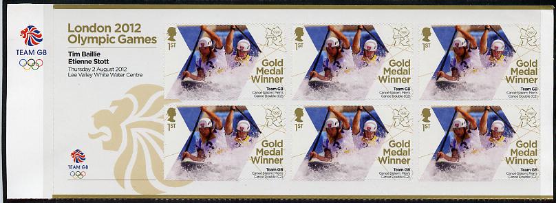 Great Britain 2012 London Olympic Games Team Great Britain Gold Medal Winner #03 - Tim Baillie & Etienne Stott (Men's Canoe Slalom) self adhesive sheetlet containing 6 x first class values unmounted mint, stamps on olympics, stamps on self adhesive, stamps on london, stamps on rowing, stamps on canoes