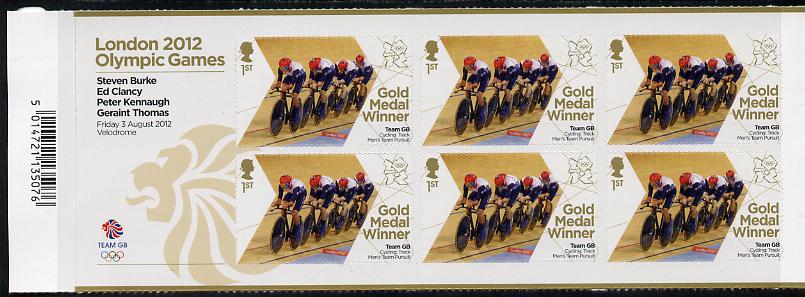 Great Britain 2012 London Olympic Games Team Great Britain Gold Medal Winner #07 - Steven Burke, Ed Clancy, Peter Kennaugh & Geraint Thomas (Track Cycling) self adhesive sheetlet containing 6 x first class values unmounted mint, stamps on olympics, stamps on self adhesive, stamps on london, stamps on bicycles