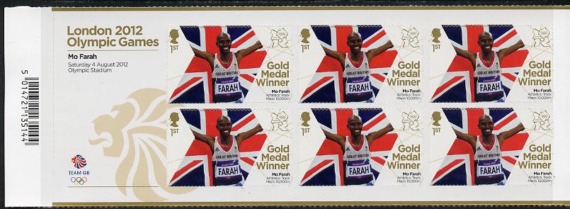 Great Britain 2012 London Olympic Games Team Great Britain Gold Medal Winner #14 - Mo Farah (10,000m) self adhesive sheetlet containing 6 x first class values unmounted mint, stamps on olympics, stamps on self adhesive, stamps on london, stamps on athletics, stamps on running