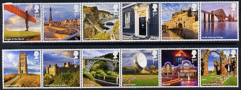 Great Britain 2011 UK A-Z 1st series perf set of 12 (2 se-tenant strips of 6) unmounted mint SG 3230-41, stamps on tourism, stamps on castles, stamps on bridges, stamps on observatories, stamps on ruins, stamps on london, stamps on towers, stamps on monuments, stamps on churches