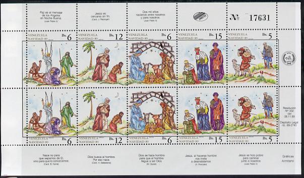 Venezuela 1989 Christmas sheetlet of 10 unmounted mint, SG 2837a, stamps on christmas