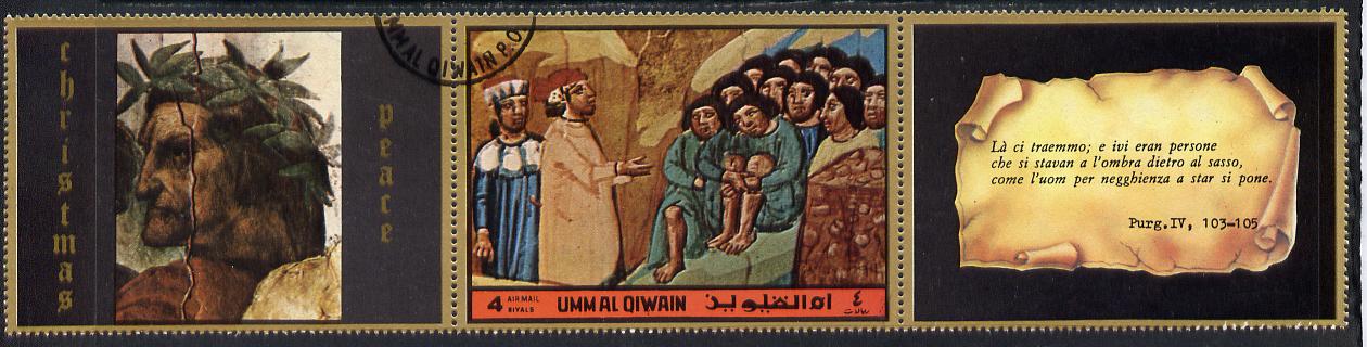 Umm Al Qiwain 1972 The Divine Comedy by Dante 4R showing group hiding behind rock in fine cto used strip of three (1 stamp plus 2 labels), stamps on arts, stamps on literature