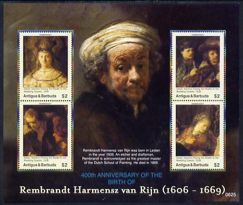 Antigua 2006 400th Birth Anniv of Rembrandt perf sheetlet of 4 (Samson Posing the Riddle of the Wedding Guests) unmounted mint, SG 4032a, stamps on arts, stamps on rembrandt