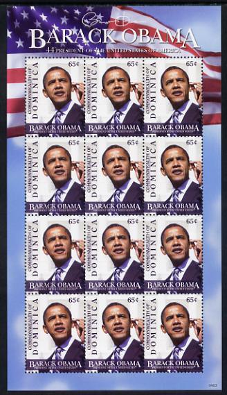 Dominica 2009 Inauguration of Pres Barack Obama perf sheetlet of 12 x 65c unmounted mint, SG 3632, stamps on , stamps on  stamps on personalities, stamps on  stamps on usa presidents, stamps on  stamps on american, stamps on  stamps on masonics, stamps on  stamps on masonry, stamps on  stamps on obama