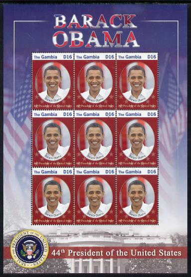 Gambia 2009 Inauguratuin of President Barack Obama perf sheetlet containing 12 values unmounted mint SG 5242, stamps on personalities, stamps on nobel, stamps on peace, stamps on usa presidents, stamps on american, stamps on masonics, stamps on masonry, stamps on obama, stamps on scouts