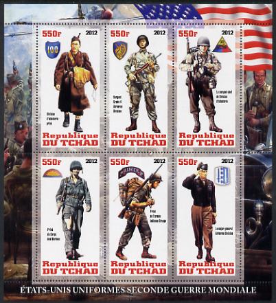 Chad 2012 Uniforms of the Second World War - USA perf sheetlet containing 6 values unmounted mint, stamps on , stamps on  ww2 , stamps on militaria, stamps on uniforms, stamps on aviation, stamps on flags, stamps on cars